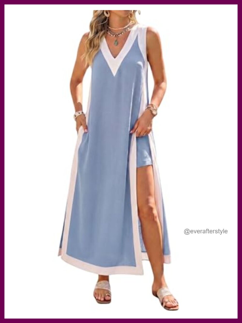 2 Piece Maxi Dress & Shorts Set Sleeveless V Neck High Slit Pockets